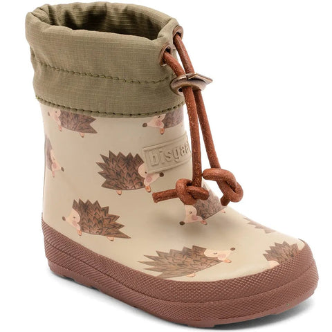 Seitenansicht des BISGAARD Barfuß Thermo Gummistiefel 92023-5136 in Pistazie/Braun mit Igel-Muster.