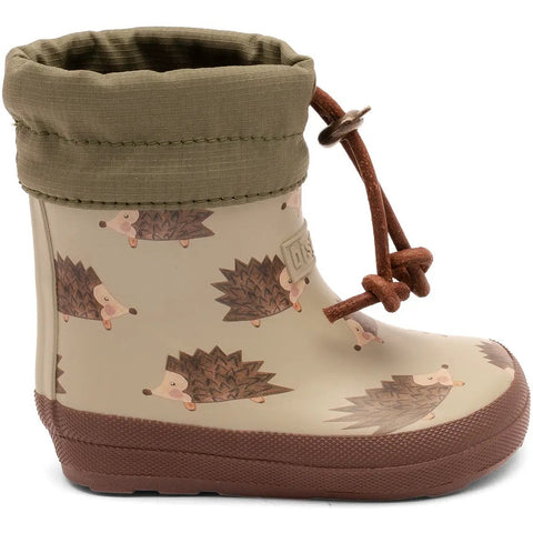Schuhe BISGAARD Barfuß Thermo-Gummistiefel 92023-5136, Seitenansicht: beiger Gummistiefel mit Igel-Muster, olivgrüne Manschette, braune Sohle, braune Kordel.