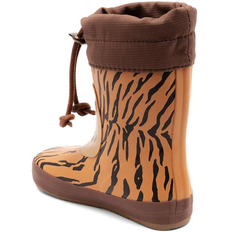 Seitenansicht des BISGAARD Barfuß Thermo Gummistiefel 92024-5137 in Braun-Orange mit Tiger-Muster.