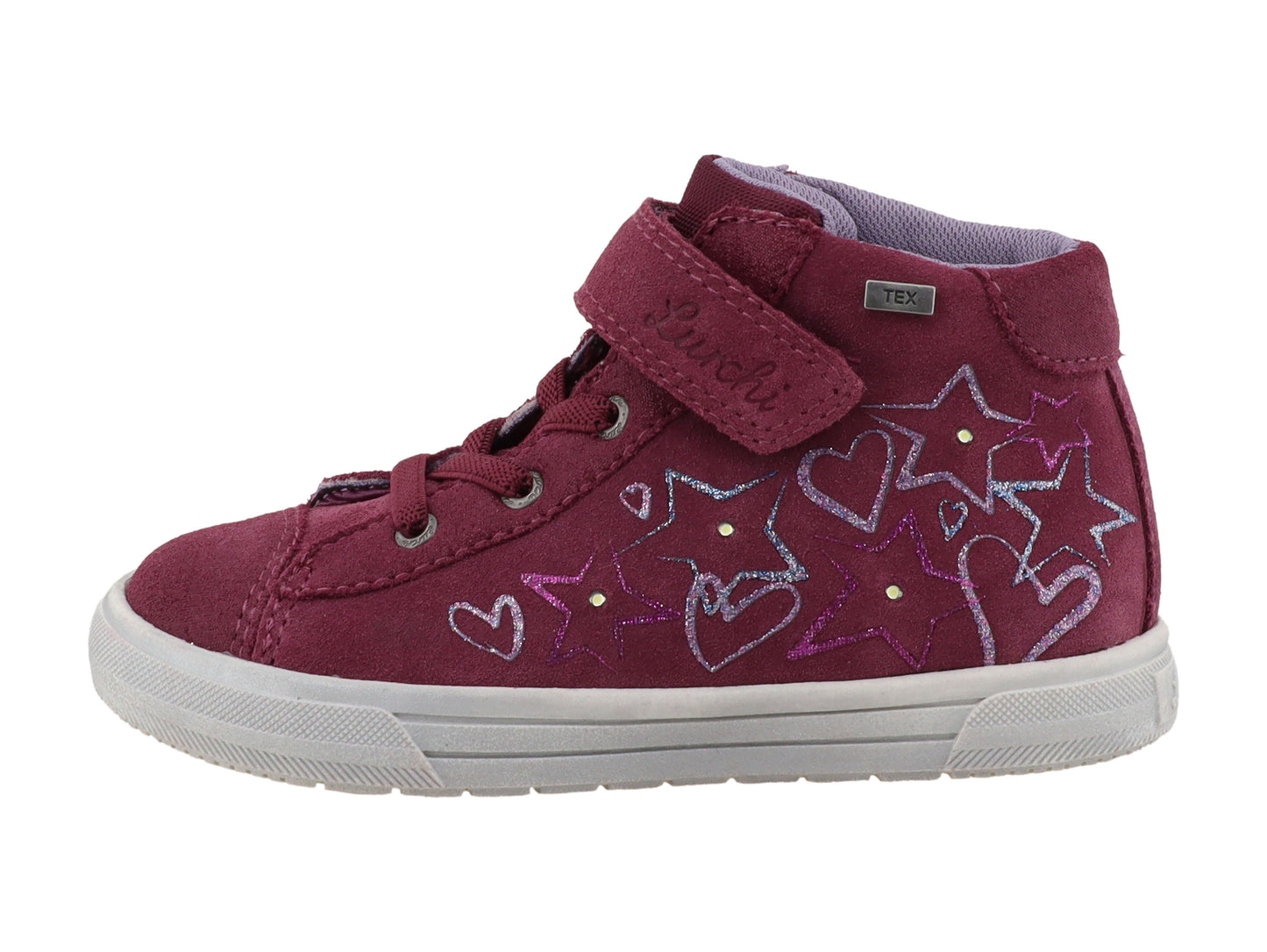 LURCHI TEX Knöchelschuh BLANCA in Beere mit Herz- und Sternmotiven sowie Glitzerelementen