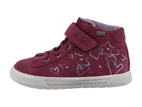 LURCHI TEX Knöchelschuh BLANCA in Beere mit Herz- und Sternmotiven sowie Glitzerelementen