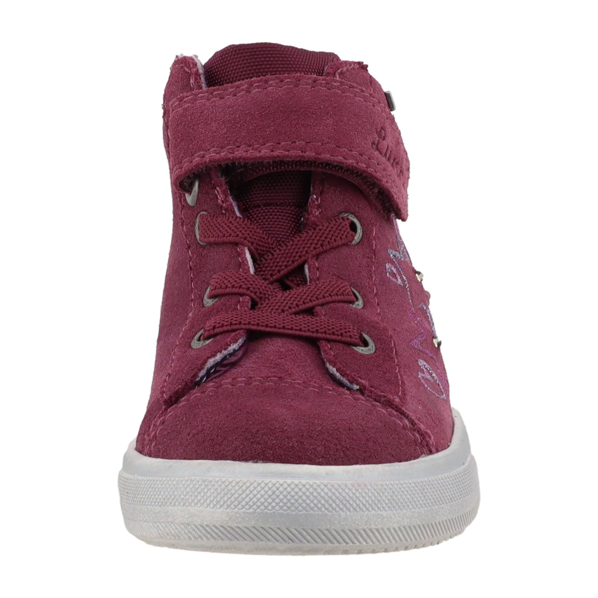 Nahaufnahme des liebevoll gestalteten Knöchelschuhs mit Herz- und Sternmotiven in leuchtenden Farben