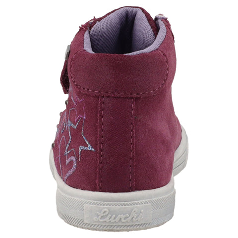 Seitenansicht des beerenfarbenen LURCHI TEX Knöchelschuhs mit glitzernden Details und liebevollen Mustern