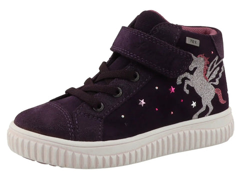 Detailaufnahme eines LURCHI TEX Knöchelschuh YINA in pflaume mit Velcro-Riegel; Einhorn-Motiv; weiße Sohle.