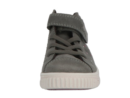 Detailaufnahme des grauen Knöchelschuhs YINA mit funkelndem Einhorn-Motiv aus hochwertigem Material