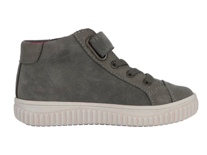 Vollansicht des kindgerechten LURCHI TEX Knöchelschuhs YINA in Grau mit buntem Einhorn-Print