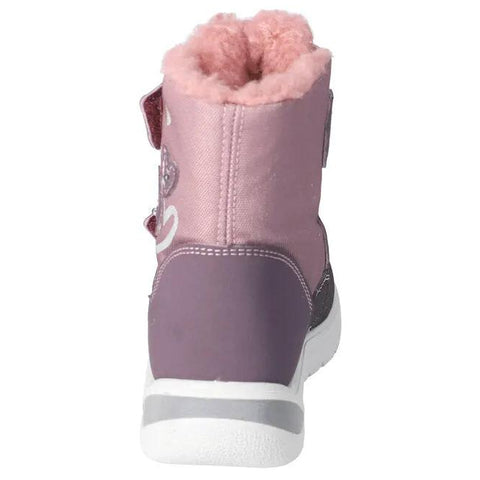 Schuhe: Rückansicht des Ricosta SYMPA-TEX Stiefel Lunea in Flieder/Lila mit pinkem Fellfutter und weißer Sohle.