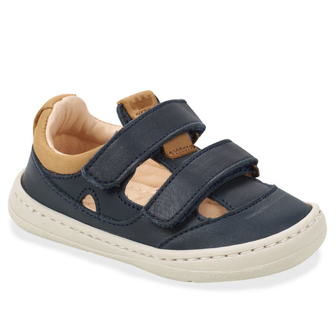 Handgefertigte dunkelblaue und cognacfarbene Salome ALZ50L Easy Peasy Duckies S Sandalen für Kinder