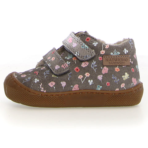 NATURINO Barfußschuh Halbschuh AMUR WOOL in grey with summer flower design, perfect for barefoot walking in the summer