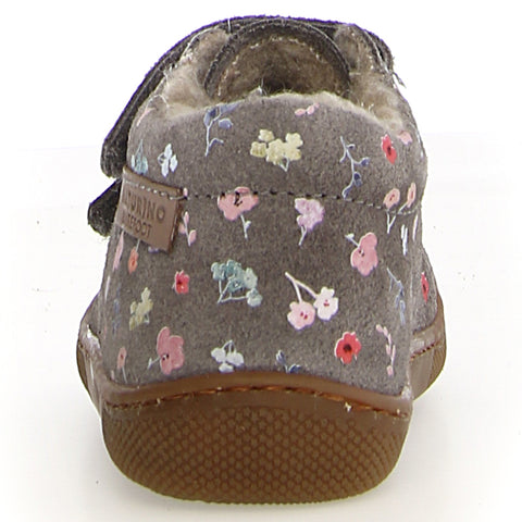 NATURINO Barfußschuh Halbschuh AMUR WOOL in grey with beautiful summer flower design, perfect for a comfortable and stylish barefoot experience