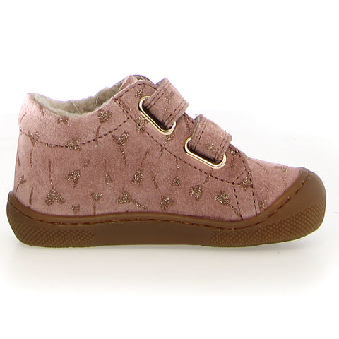 Side view of NATURINO Barfußschuh Halbschuh AMUR WOOL - altrosa / goldene Herzen shoe with flexible sole