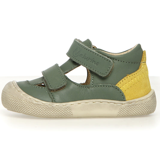 Barfußschuh Halbsandale IRTYS in salbei und gelb, seitliche Ansicht