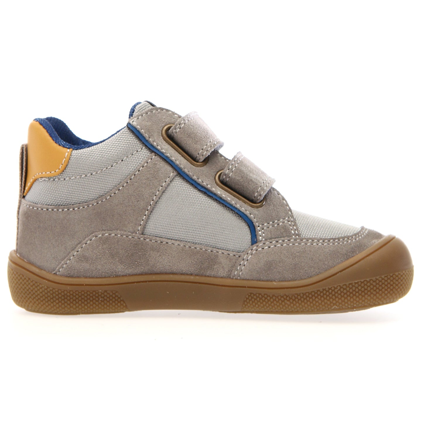 Elegant NATURINO Barfuß Knöchelschuh KESY in grau and yellow, showcasing flexible barefoot design for comfortable, natural foot movement