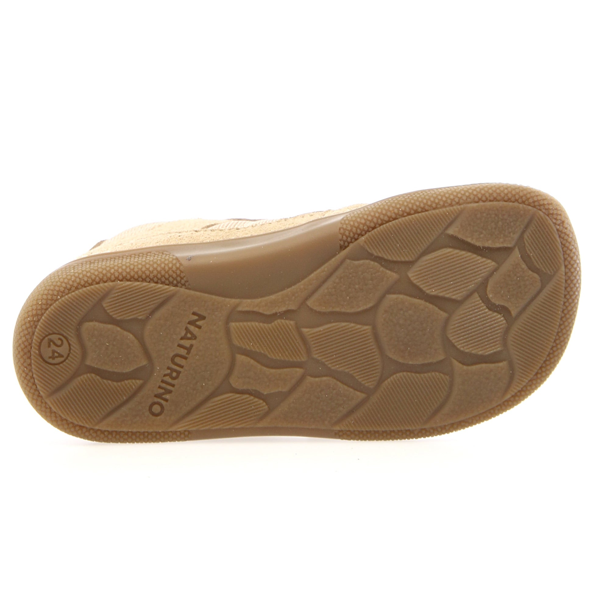 Komplette Ansicht des NATURINO Barfuß Knöchelschuh KESY in sandfarben, mit goldener Applikation und Glitzereffekt