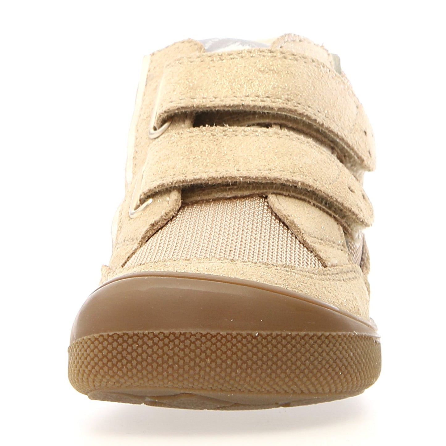 Seitenansicht des NATURINO Barfuß Knöchelschuh KESY mit sandfarbenem Obermaterial, goldenen Nähten und Glitzereffekt