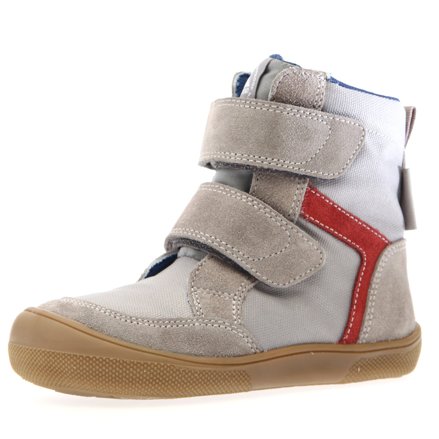 Nahtloser Übergang zwischen Obermaterial in Grau und Akzenten in Rot bei den KODDAS Barfuß Stiefeln von NATURINO