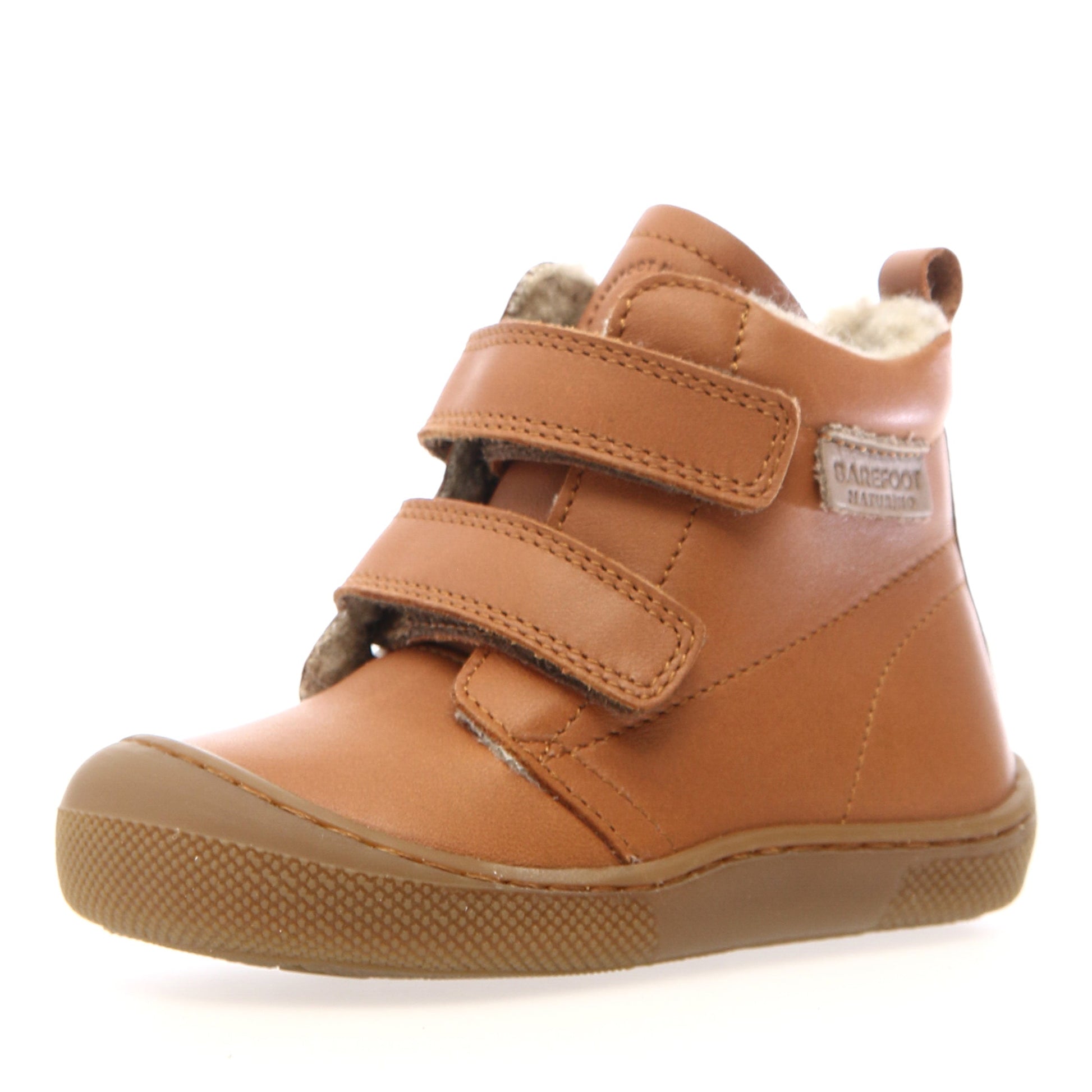 Detailaufnahme des cognacfarbenen Barfuß Stiefels WIGGHI aus NATURINO mit flexibler Sohle