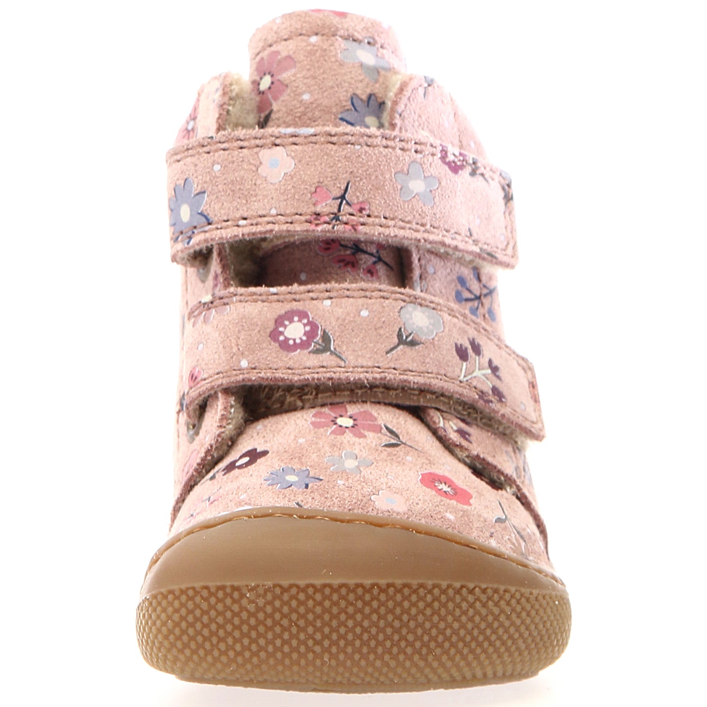 Vorderansicht der NATURINO Barfußstiefel WIGGHI in rosa mit floralem Design und bequemer Passform für kleine Füße