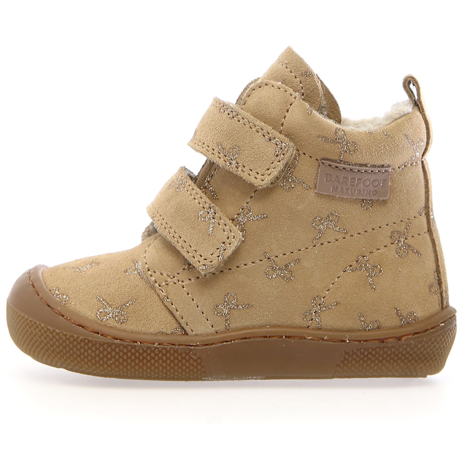 NATURINO Barfuß Stiefel WIGGHI in beigem Leder mit goldenen Schleifen und flexibler Sohle