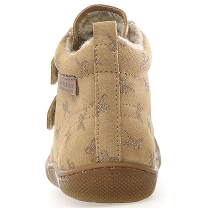 Kinder-Barfußstiefel NATURINO WIGGHI in neutralem Beigetönen mit dekorativen goldenen Schleifen für einen stilvollen Look