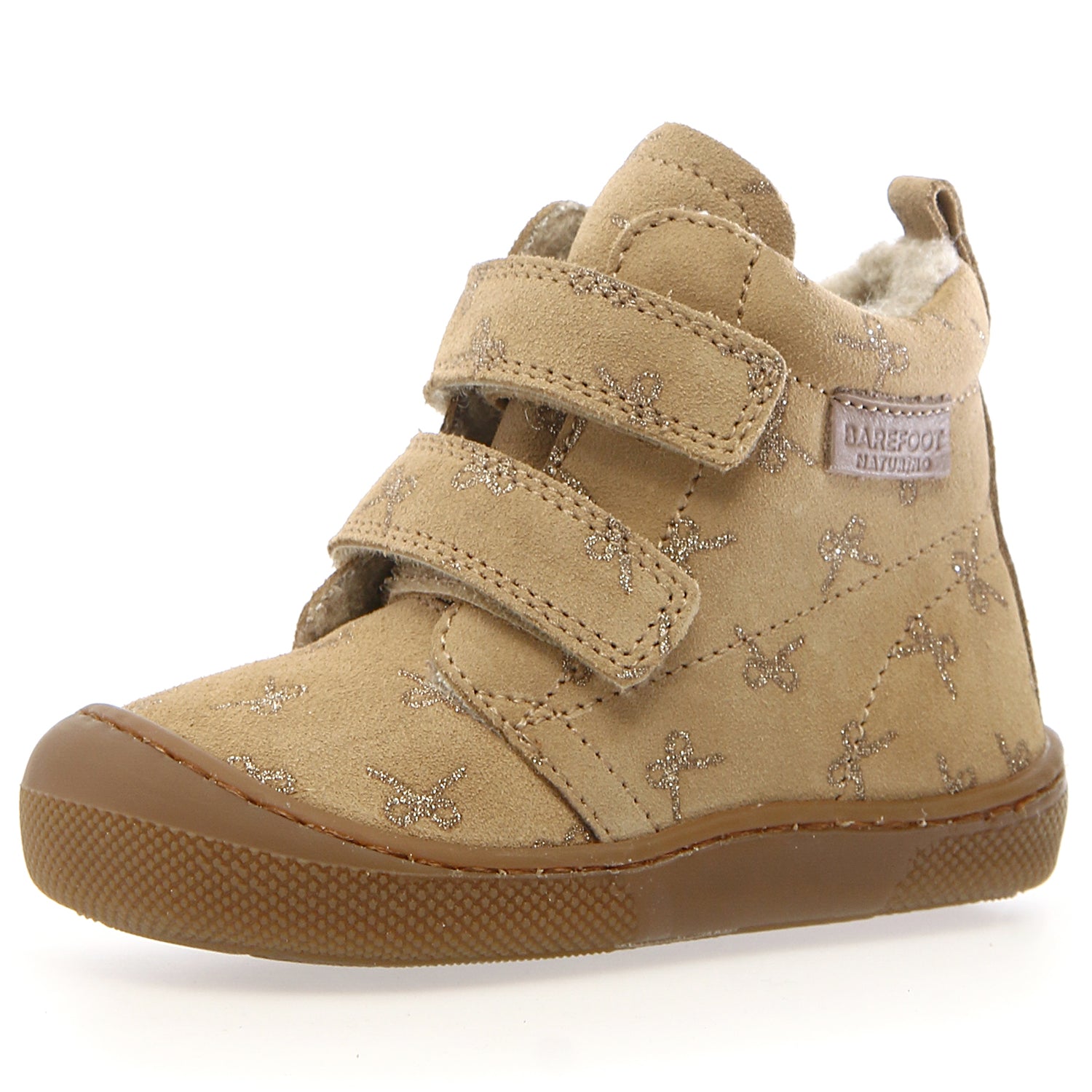 Beige Barfuß-Stiefel für Kinder mit glänzenden goldenen Schleifen, ideal für natürlichen Gehkomfort