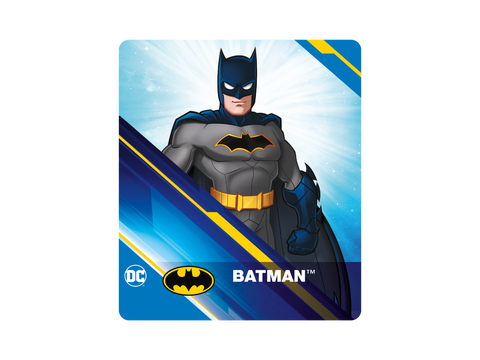 Vorderansicht der Tonie-Figur Batman; grauer Anzug, gelber Gürtel, Batman-Logo auf der Brust, DC-Logo sichtbar.
