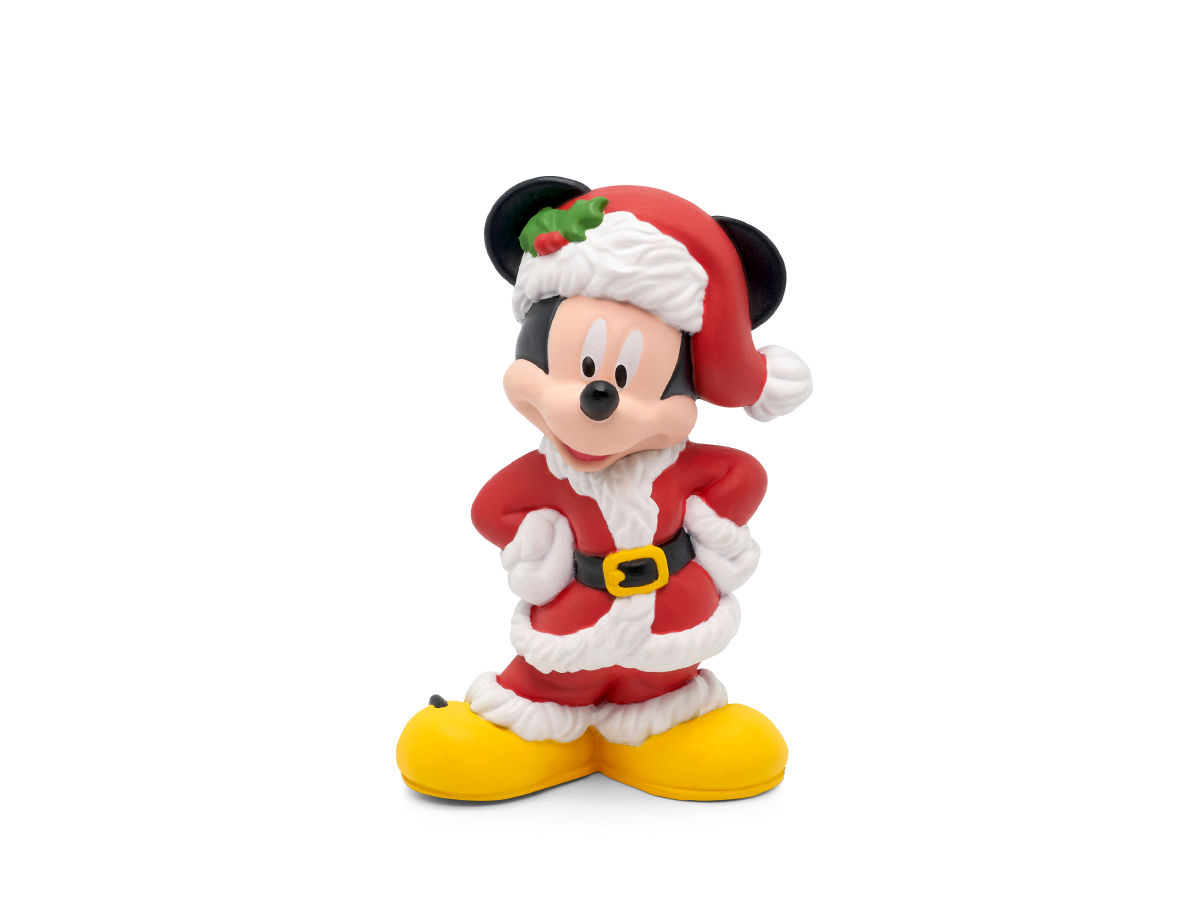 Detailaufnahme des Tonies-Figur von Micky Mouse in Weihnachtsstimmung mit Schnee und Geschenkpaketen