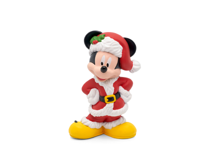 Detailaufnahme des Tonies-Figur von Micky Mouse in Weihnachtsstimmung mit Schnee und Geschenkpaketen