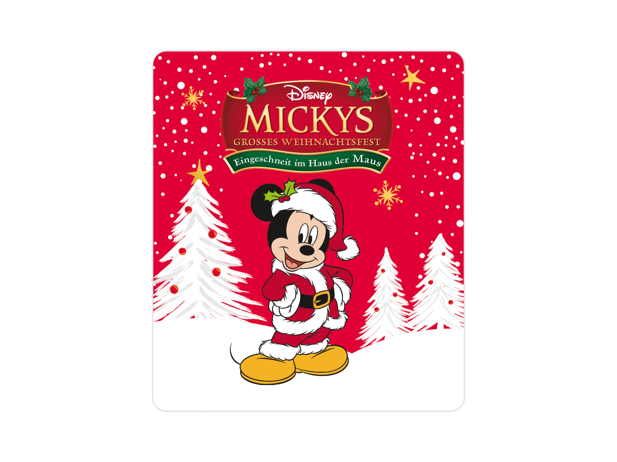 Nahaufnahme der Tonies-Figur Mickys großes Weihnachtsfest mit winterlichem Hintergrund und festlichen Elementen