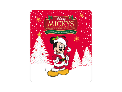 Nahaufnahme der Tonies-Figur Mickys großes Weihnachtsfest mit winterlichem Hintergrund und festlichen Elementen