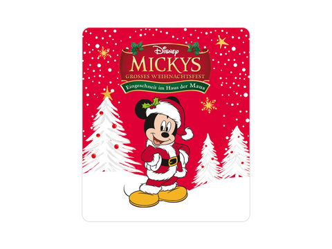 Nahaufnahme der Tonies-Figur Mickys großes Weihnachtsfest mit winterlichem Hintergrund und festlichen Elementen