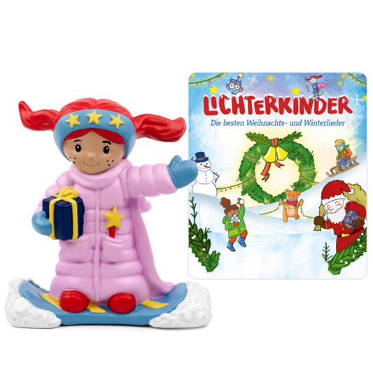 TONIES Figur - Lichterkinder - Die besten Weihnachts-und Winterlieder figur playing a Christmas song in a cozy living room setting with snow falling outside