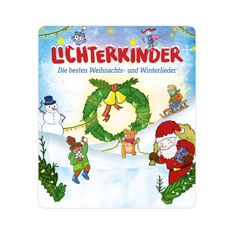 Close-up of TONIES Figur - Lichterkinder - Die besten Weihnachts-und Winterlieder figur with soft warm light and a festive holiday backdrop