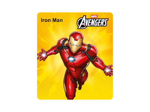 Tonies Figur Iron Man vor gelbem Hintergrund; rote Rüstung mit goldener Maske, fliegende Pose, Avengers-Logo