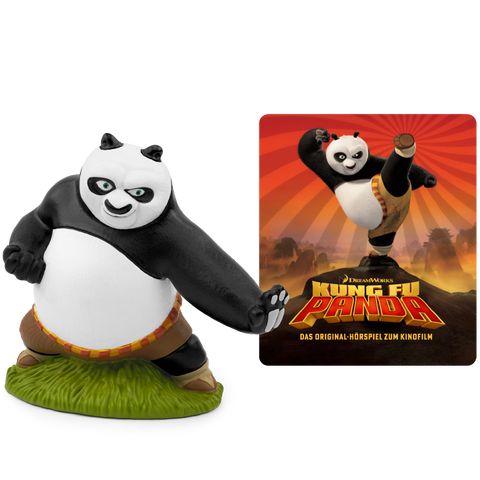 TONIES Figur – Kung Fu Panda: Panda-Figur in Kampfpose, schwarz-weiß, brauner Gürtel, grüne Basis; Posterkarte mit Logo.