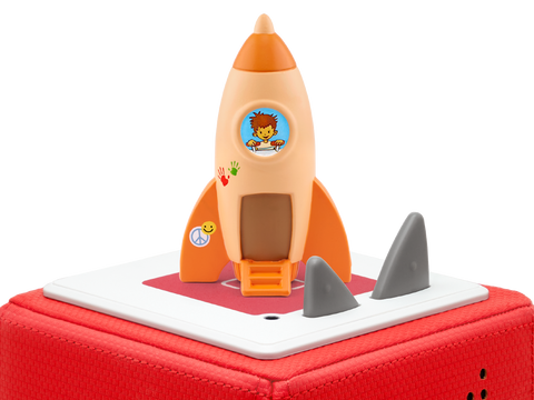 TONIES Figur Toto und der Mann im Mond: orange Rakete auf roter Basis, blaues Fensterbild