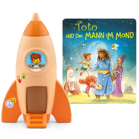 Vorderansicht einer orange-beigen TONIES Raketenfigur mit Fenster; daneben die Tonies Hörbuchkarte Toto und der Mann im Mond.