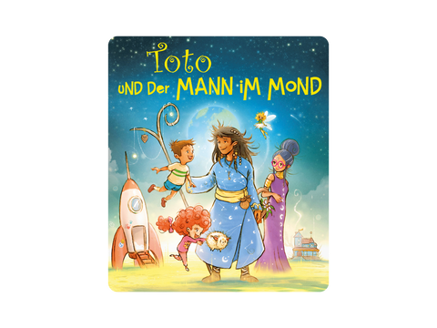 Vorderansicht des Covers: Tonies Figur Toto und der Mann im Mond – TONIES-Logo, bunte Mond- und Figuren-Szene.