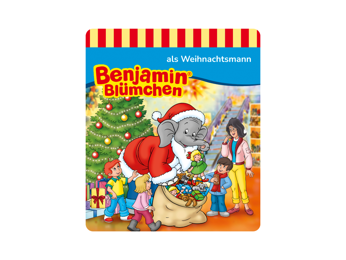 Detailreiche Darstellung von Benjamin Blümchen als Weihnachtsmann, geeignet für Tonies Hörspiele und Sammlungen