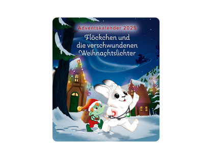 Blick auf die bunten Weihnachtslichter und die Figur Flöckchen im TONIES Adventskalender 2025
