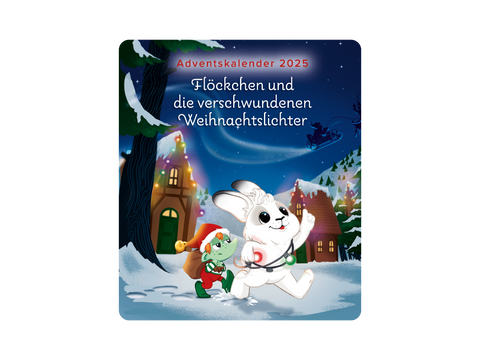 Blick auf die bunten Weihnachtslichter und die Figur Flöckchen im TONIES Adventskalender 2025