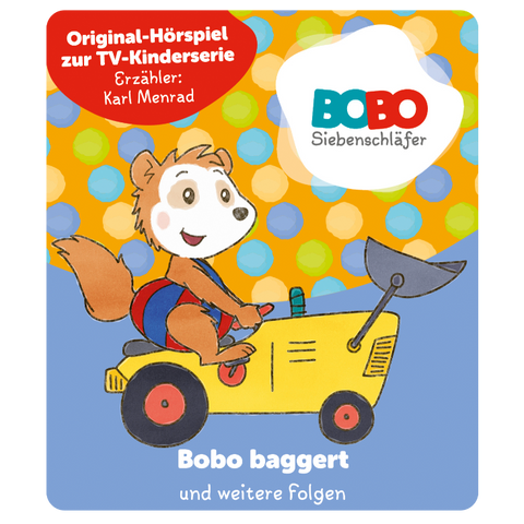 Vorderansicht einer TONIES Figur: Bobo Siebenschläfer auf gelbem Wagen, bunte Punkte, Logo BOBO Siebenschläfer.