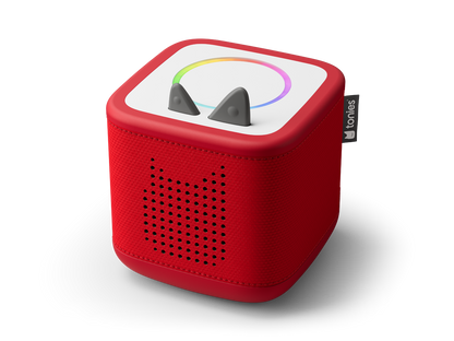 Nahaufnahme der roten Toniebox 2 mit leuchtendem Sonnenaufgangswecker und Nachtlichtfunktion