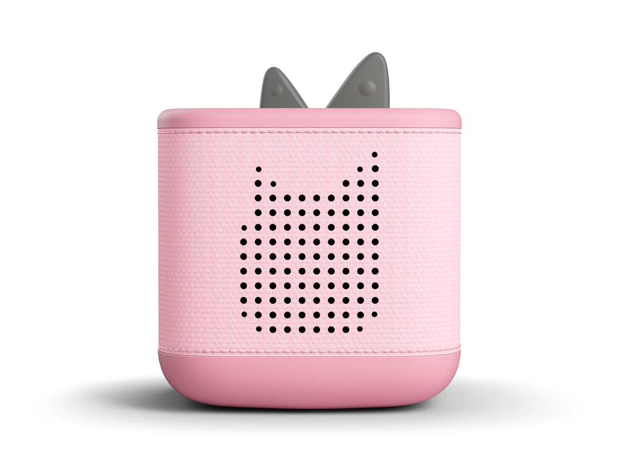 Nahaufnahme der rosa Toniebox 2 mit leuchtendem Sonnenaufgangswecker und Sleep-Timer mit Licht