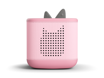 Nahaufnahme der rosa Toniebox 2 mit leuchtendem Sonnenaufgangswecker und Sleep-Timer mit Licht