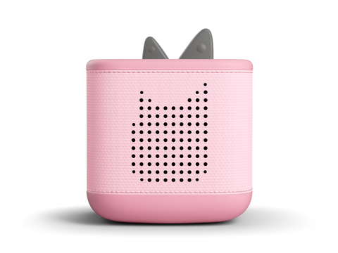 Nahaufnahme der rosa Toniebox 2 mit leuchtendem Sonnenaufgangswecker und Sleep-Timer mit Licht