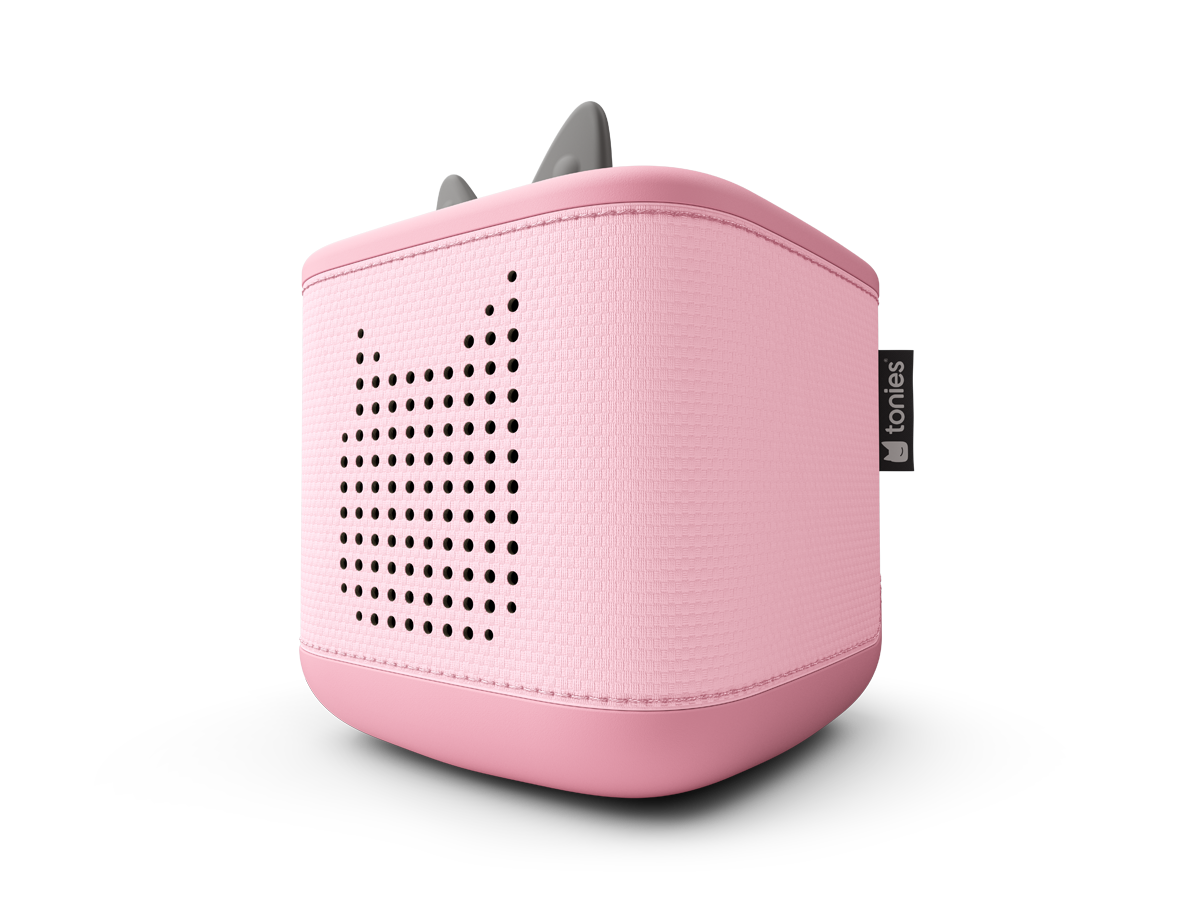 Detailansicht der rosa Toniebox 2, die flexibel über USB-C aufgeladen wird und langlebig ist