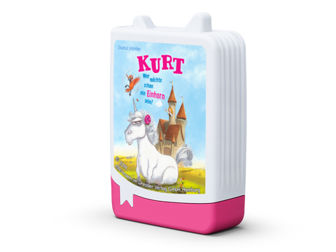 Detailreiche Abbildung des kompakten TONIES-Pocket Buchs mit Kurt, der neben einem Einhorn steht