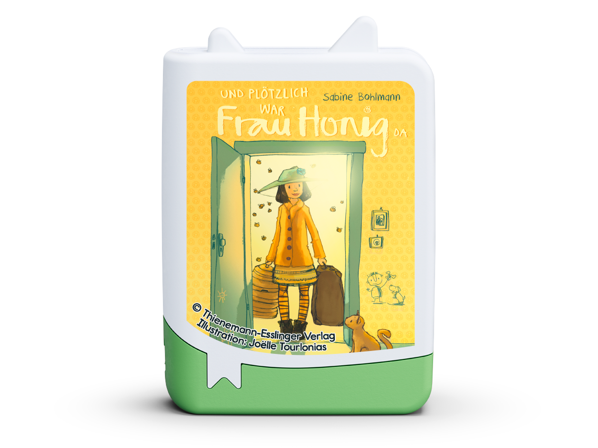 Der kleine Tonies-Pocket-Tonie von Frau Honig auf einer bunten Kinderbuchseite