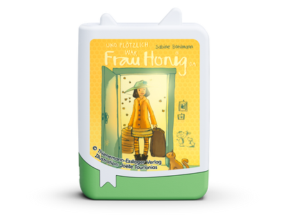 Der kleine Tonies-Pocket-Tonie von Frau Honig auf einer bunten Kinderbuchseite